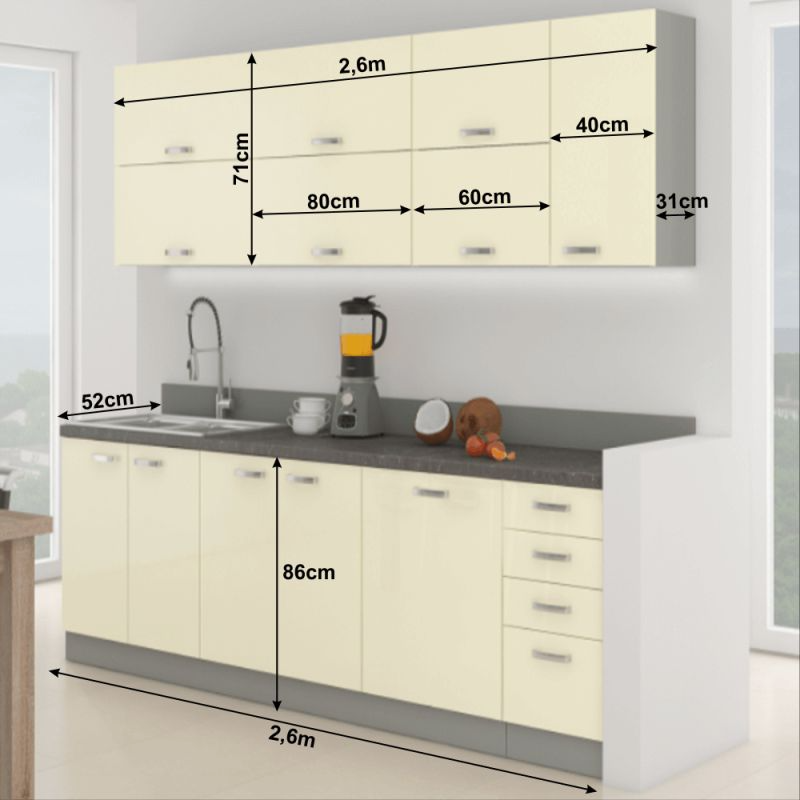 Kuchynská linka, krémová extra vysoký lesk-sivá 2,6 m