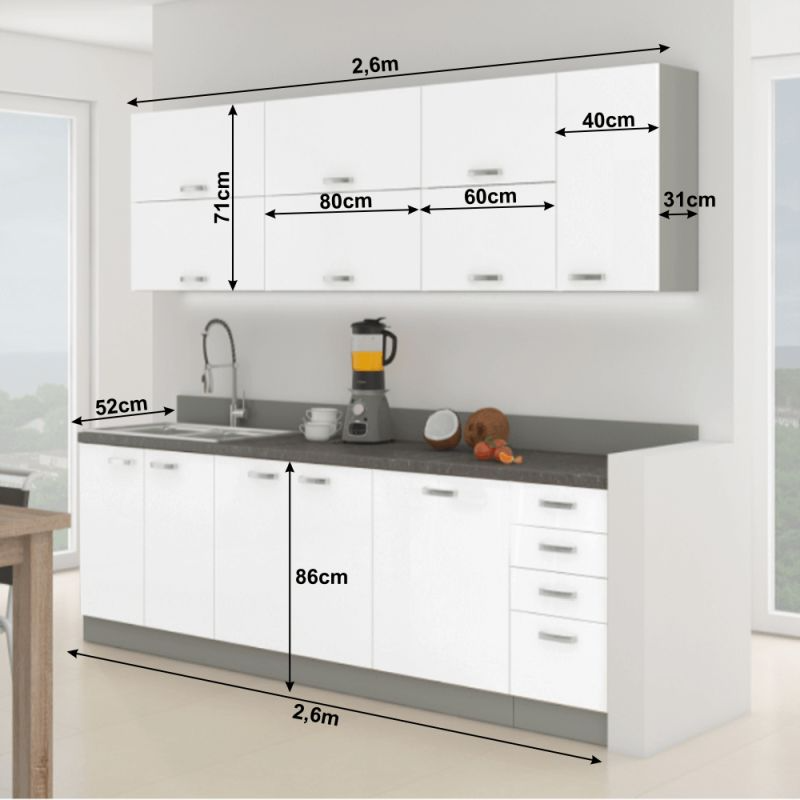 Kuchynská linka, biela extra vysoký lesk-sivá 2,6 m