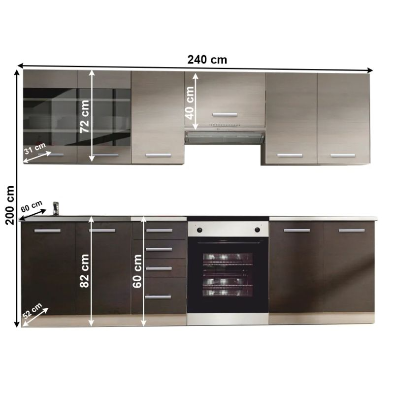 Kuchynská linka, dub svetlosivý-dub tmavý 2,4 m