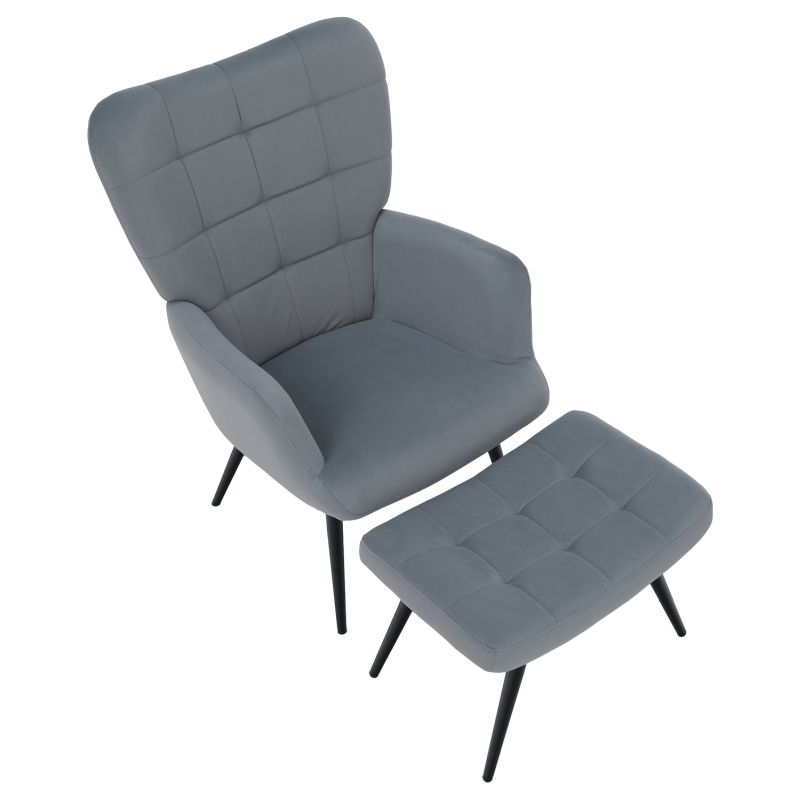 Luxusné kreslo s podnožou, sivá Velvet látka a čierne nohy