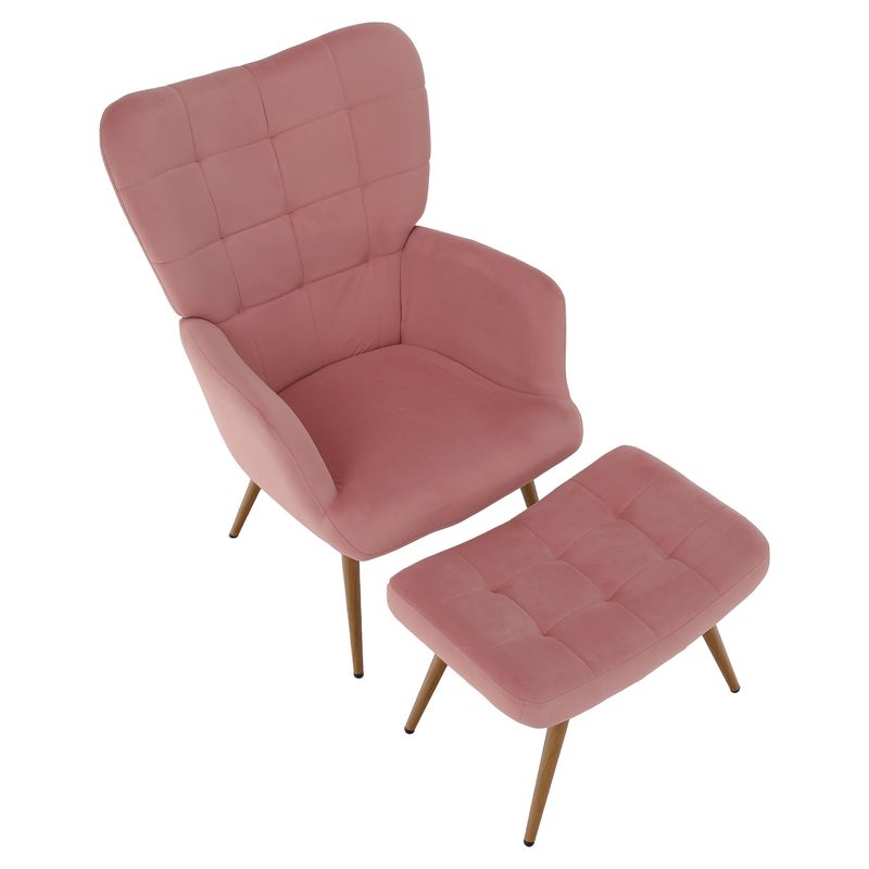Luxusné kreslo s podnožou, ružová Velvet látka a nohy vo farbe dub