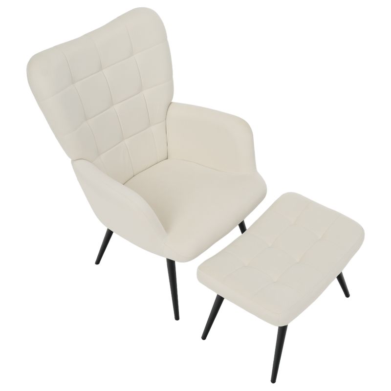 Luxusné kreslo s podnožou, biela Velvet látka a čierne nohy