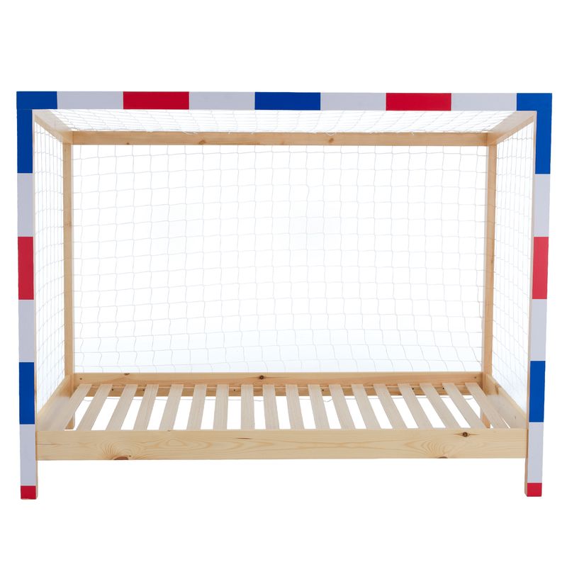 Montessori posteľ v tvare futbalovej brány 90x200, prírodná-biela-modrá-červená