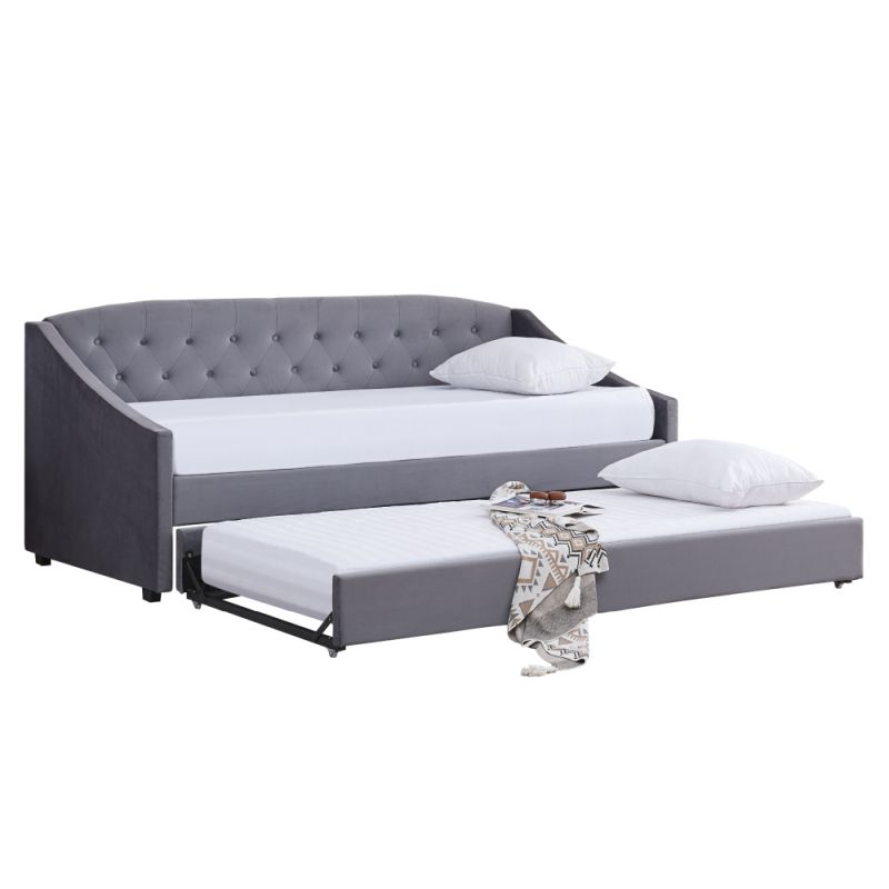 Rozkladacia posteľ s prístelkou, čalúnená látkou v sivom prevedení