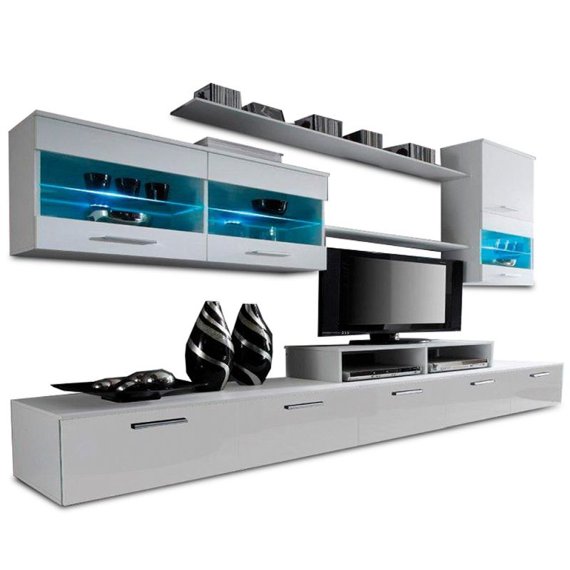 Obývacia stena, biela-biela extra vysoký lesk HG