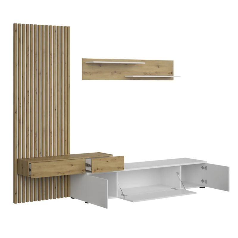 Štýlová obývacia stena, biela-dub artisan