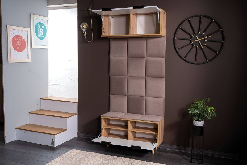 Predsieňová stena s čalúnenými panelmi, dub artisan-biely mat-béžová