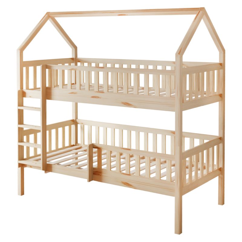 Poschodová posteľ v tvare domčeka s prístelkou, prírodná