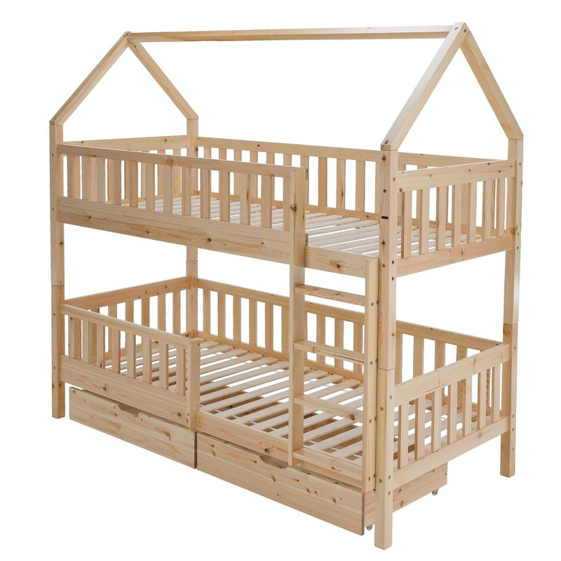 Poschodová posteľ v tvare domčeka bez prístelky, prírodná