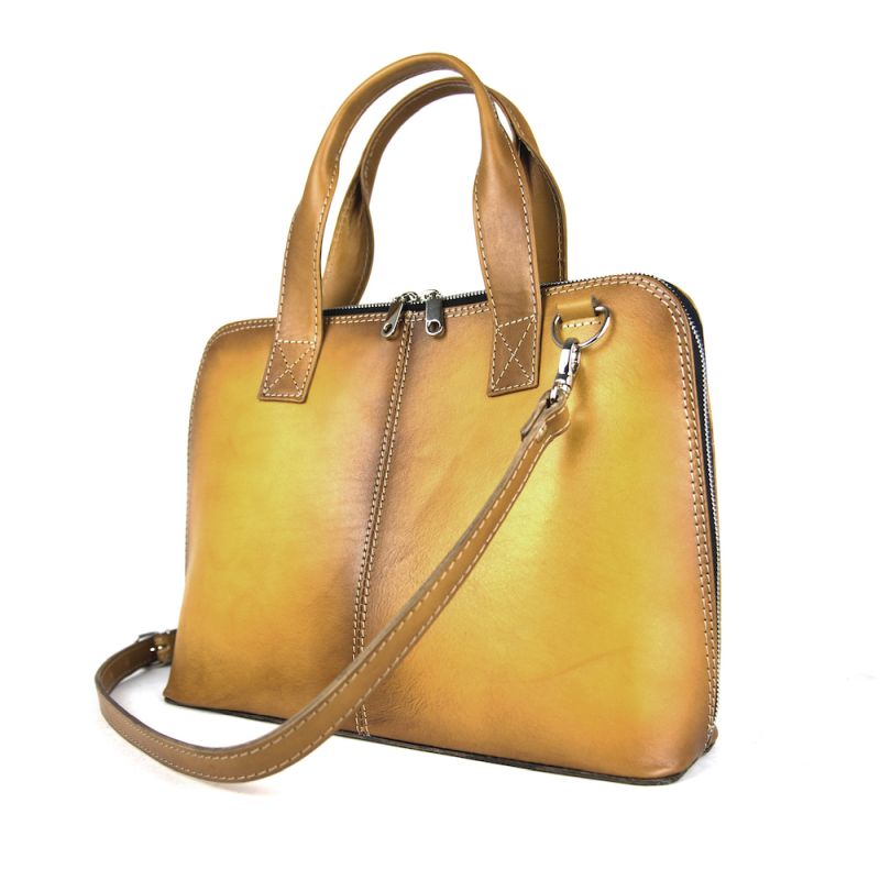 Dámska kožená kabela vhodná na formát A4, ručne tieňovaná, tmavo žltá farba