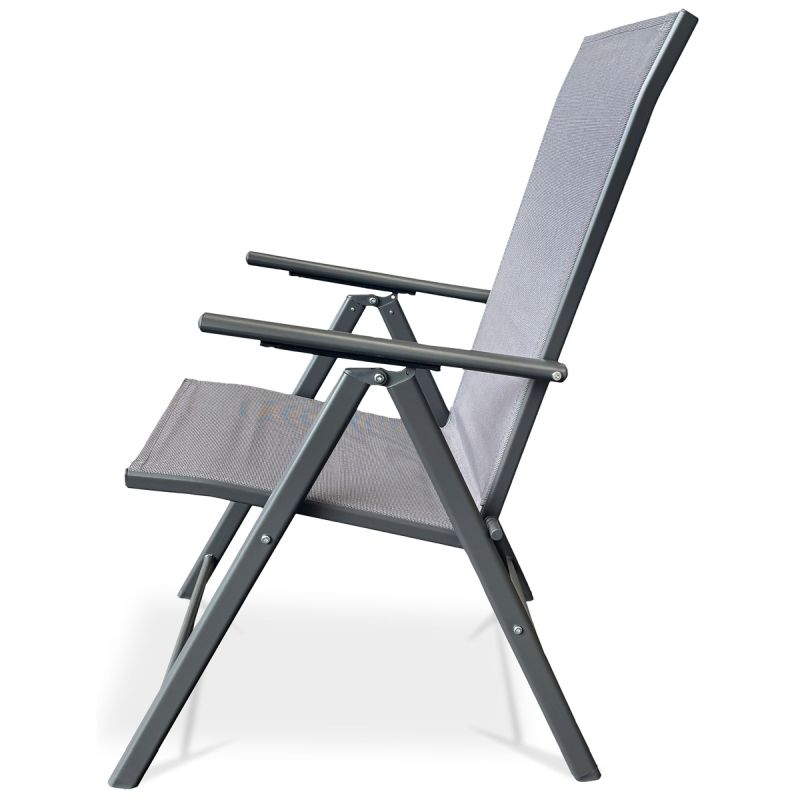 Moderná záhradná stolička v sivej látke s nastaviteľným operadlom
