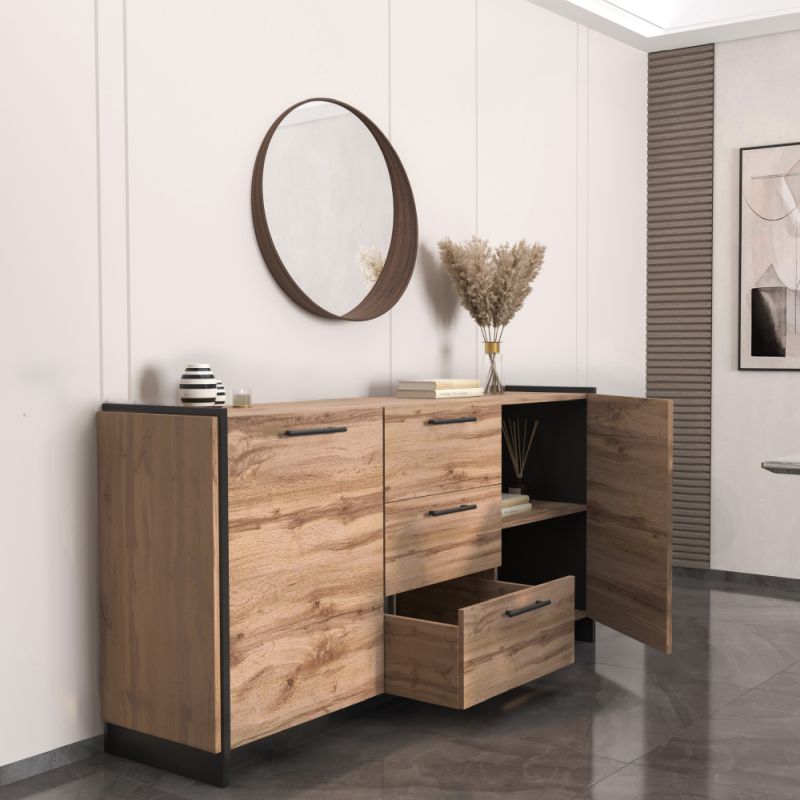 Komoda 2D3S, 3x šuplík a 2x skrinka, dub wotan-čierna