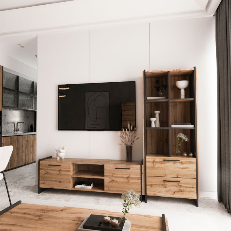 TV stolík 2D, 2x skrinka, dub wotan-čierna