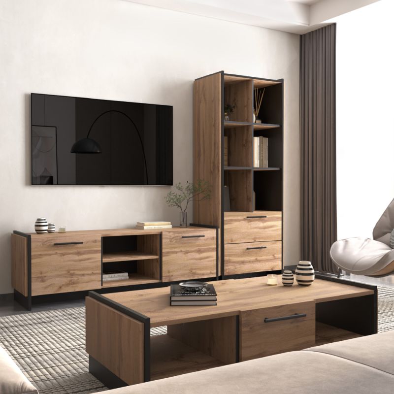 Otvorený regál 2S, 2x šuplík, dub wotan-čierna