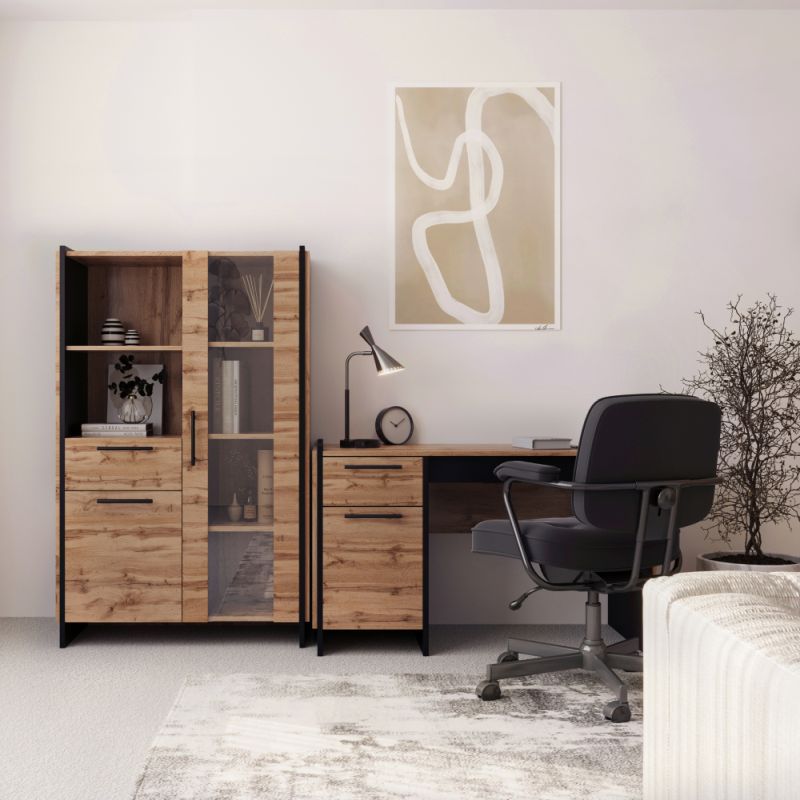 PC stôl 130-1D1S, 1x šuplík a 1x dvierka, dub wotan-čierna