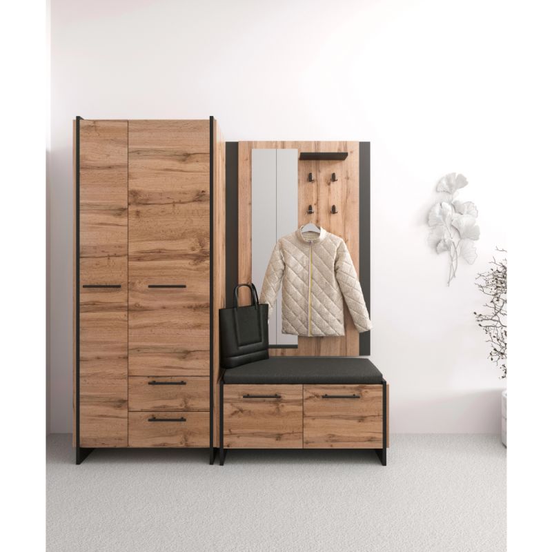 Vešiakový panel so zrkadlom, dub wotan-čierna