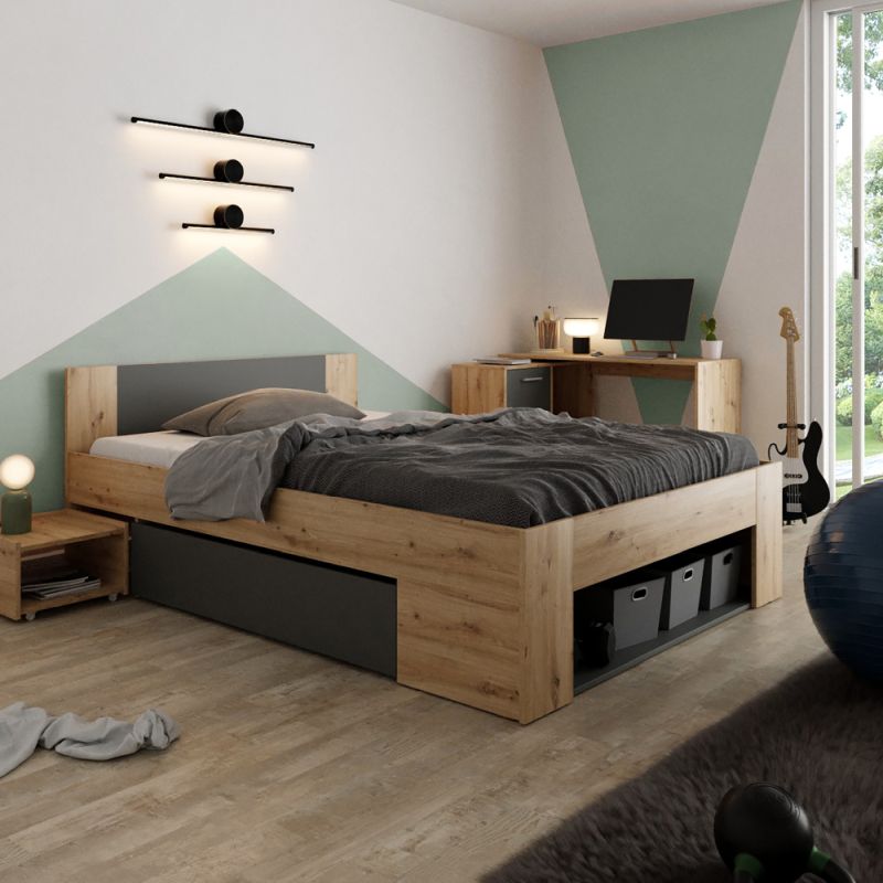 Posteľ s úložným priestorom, 140x200, dub artisan-antracit