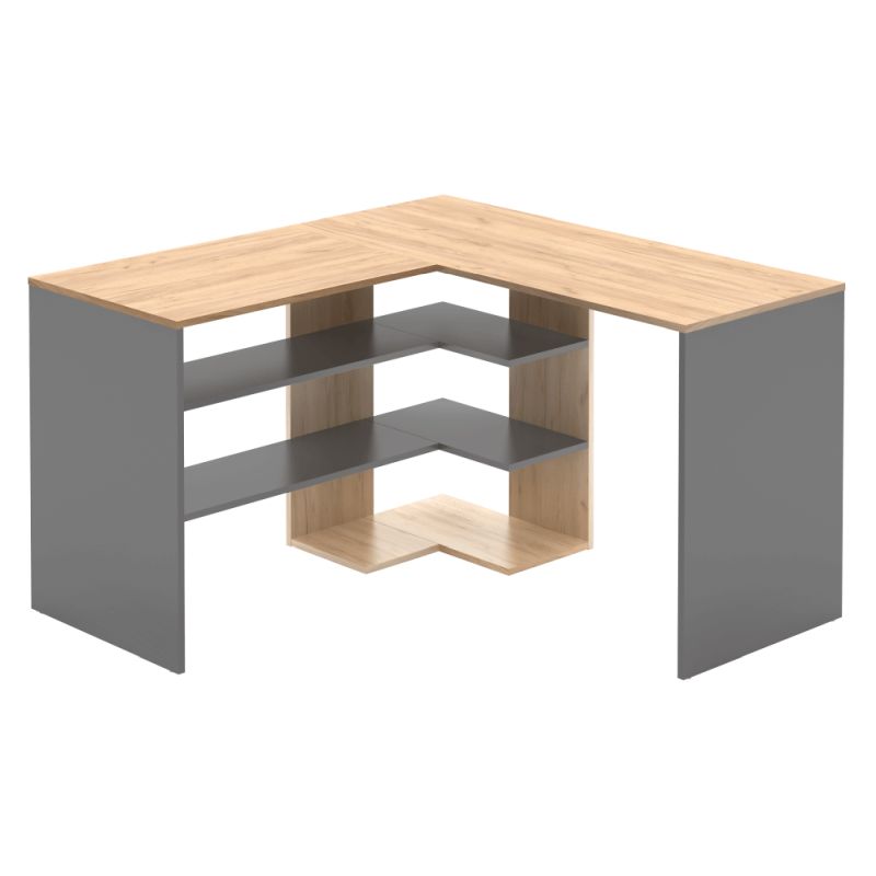 Rohový PC stôl s otvoreným úložným priestorom, dub artisan-grafit