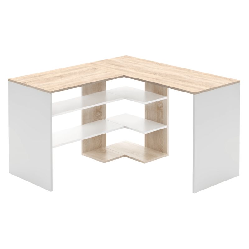 Rohový PC stôl s otvoreným úložným priestorom, dub sonoma-biela