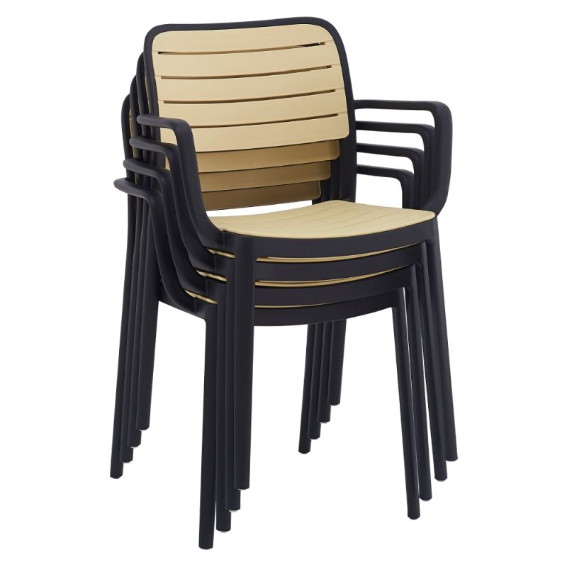 Stohovateľná plastová stolička s podrúčkami, čierna-béžová