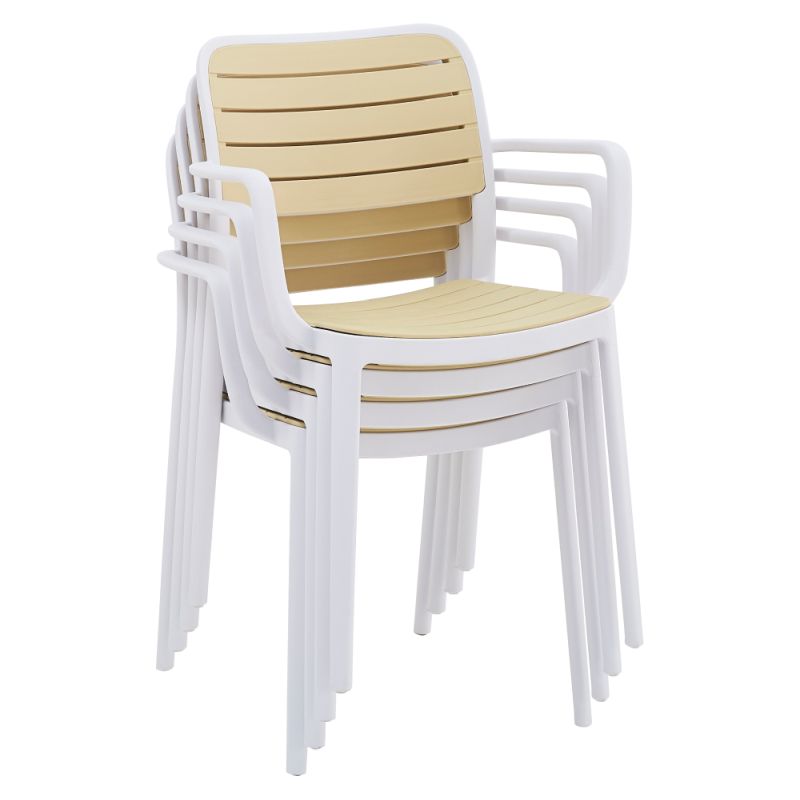 Stohovateľná plastová stolička s podrúčkami, biela-béžová