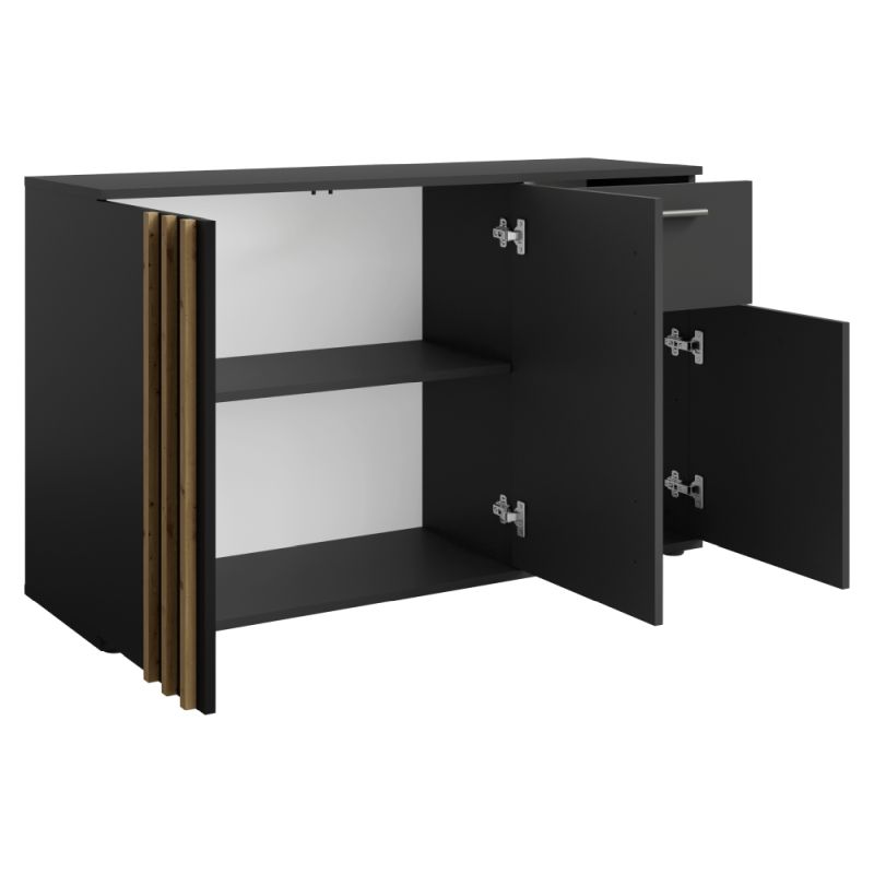 Komoda s ozdobnými lamelami 3D1S, 3x dvierka so zásuvkou, čierna-dub artisan