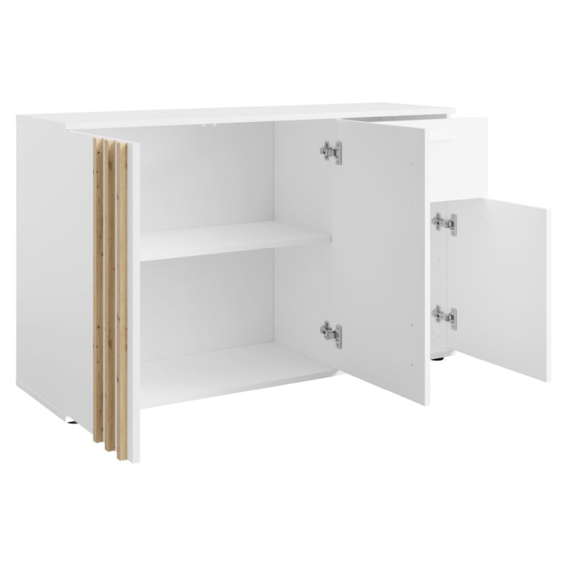 Komoda s ozdobnými lamelami 3D1S, 3x dvierka so zásuvkou, biela-dub artisan