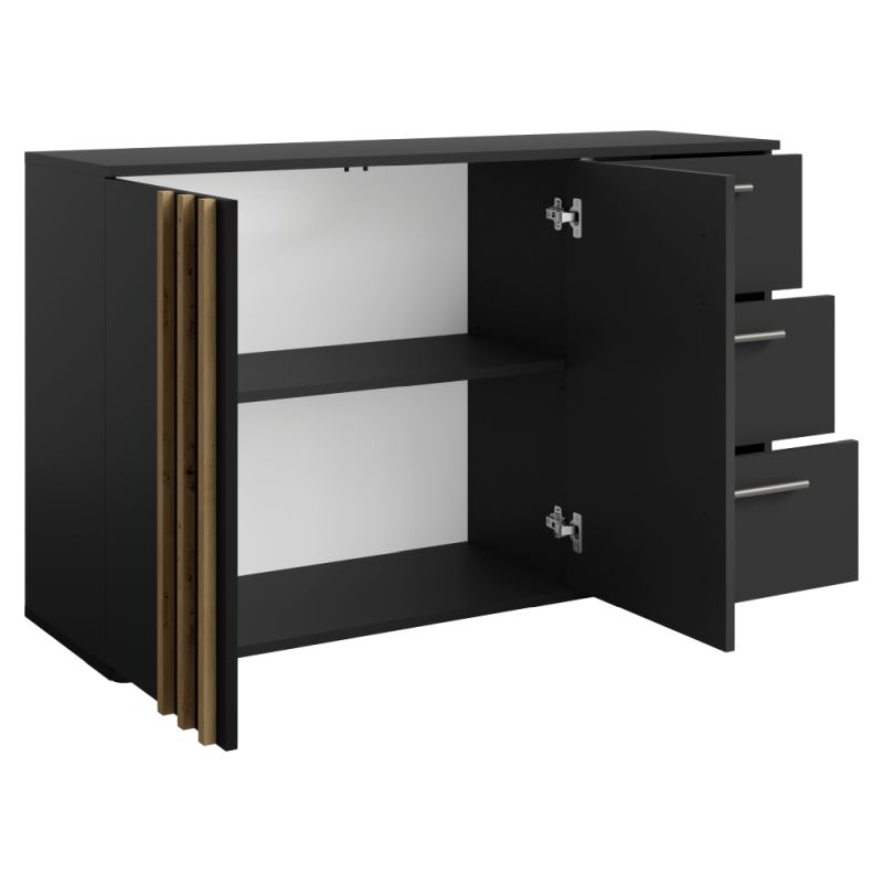 Komoda s ozdobnými lamelami 2D3S, 2x dvierka, 3x zásuvka, čierna-dub artisan
