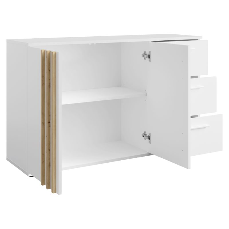 Komoda s ozdobnými lamelami 2D3S, 2x dvierka, 3x zásuvka, biela-dub artisan