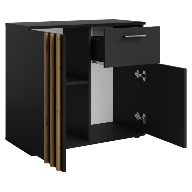 Komoda s ozdobnými lamelami 2D1S, 2x dvierka so zásuvkou, čierna-dub artisan