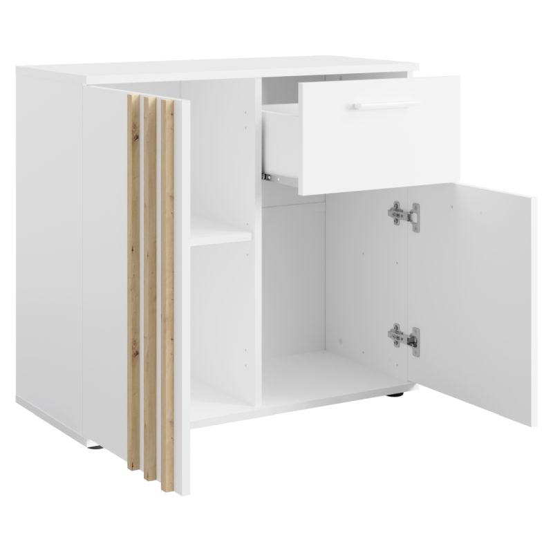 Komoda s ozdobnými lamelami 2D1S, 2x dvierka so zásuvkou, biela-dub artisan