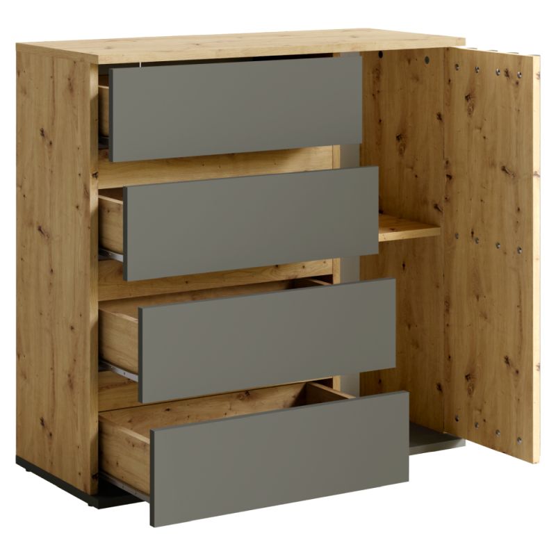 Komoda 1D4s, 1x dvierka a 4x zásuvka, grafit-dub artisan