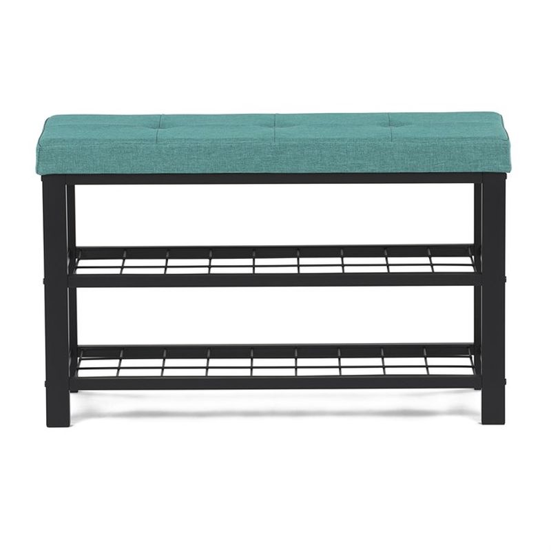 Štýlový botník s lavicou, 2 police, poťah zelená látka, kov - čierny matný lak