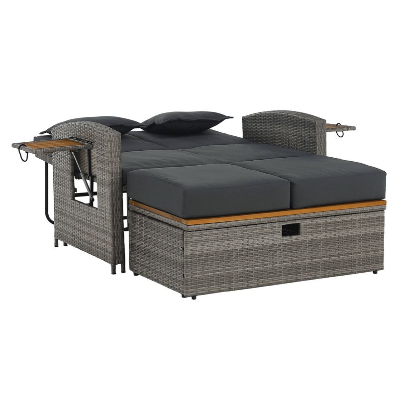 Záhradná ratanová pohovka s úložným priestorom, sivá-prírodná