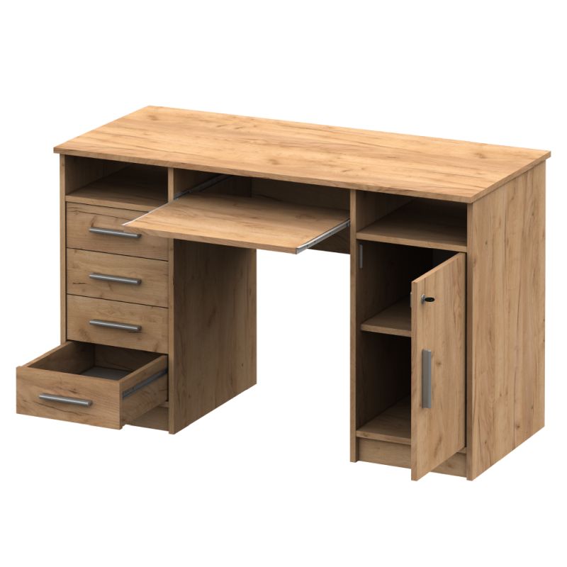 PC stôl so zamykateľnou skrinkou a šuplíkmi, dub artisan