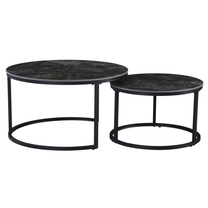 Okrúhle konferenčné stolíky, set 2 ks, čierny mramor-čierna oceľ