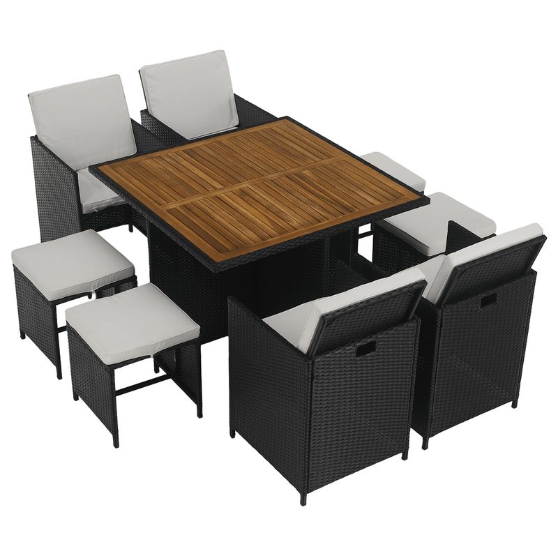 Záhradný ratanový set, akáciové drevo, čierna-krémová-prírodná