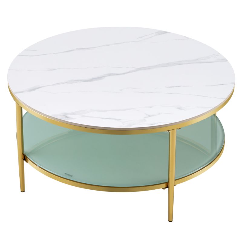 Konferenčný stolík, svetlý mramor-mliečna/gold chróm-zlatý