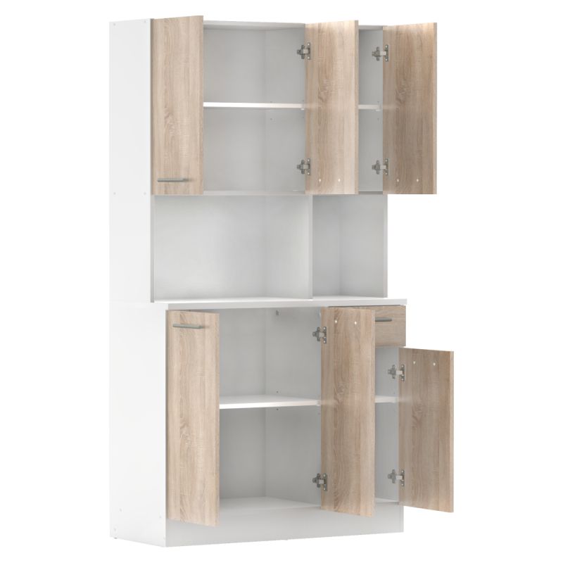 Šesťdverový kredenec, biela-dub sonoma