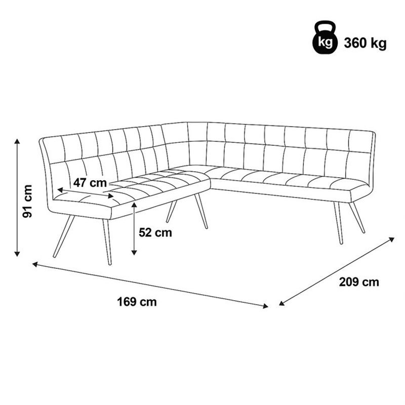 Lavica rohová, sivá látka v dekore brúsenej kože, čierny kov