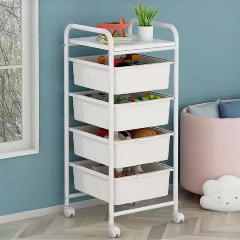 Pojazdný regál s moderným dizajnom biely