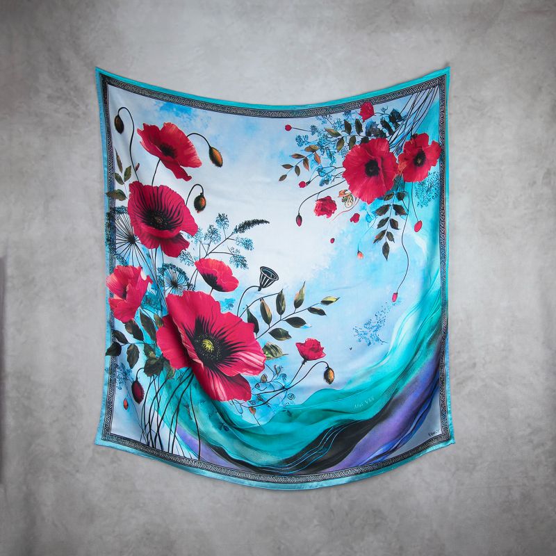 Módna hodvábna šatka MAK VLČÍ - MODRÝ, 90 x 90cm