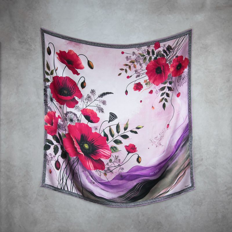 Módna hodvábna šatka MAK VLČÍ - FIALOVÝ, 90 x 90cm
