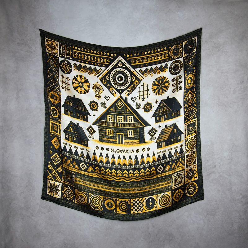 Módna hodvábna šatka ČIČMANY - ČIERNO-ZLATÉ, 90 x 90cm