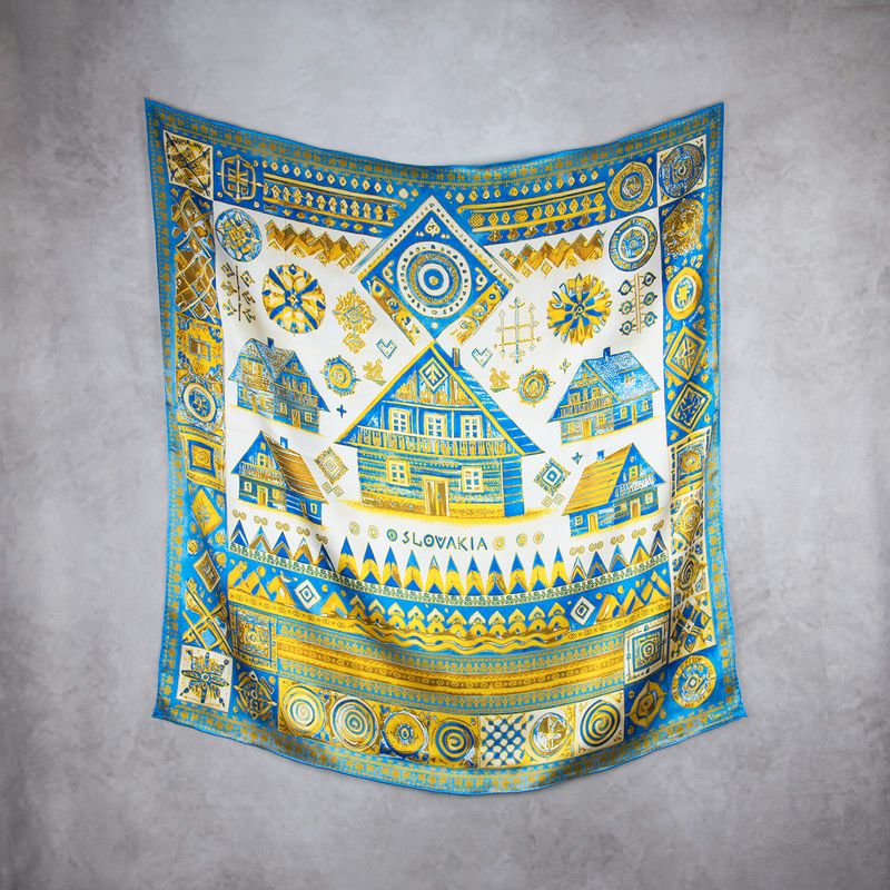 Módna hodvábna šatka ČIČMANY - MODRO-ZLATÉ, 90 x 90cm