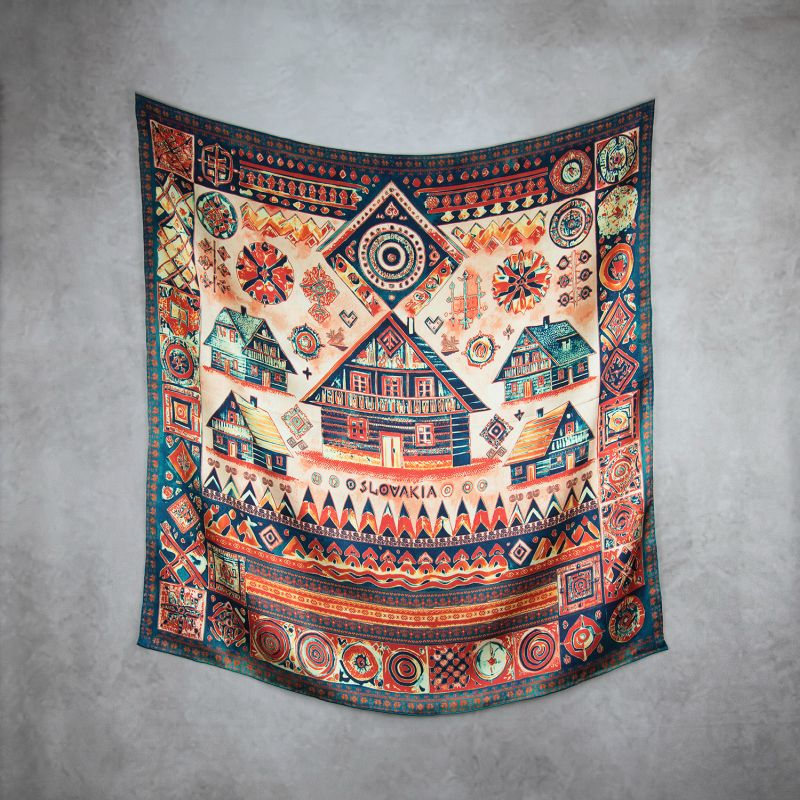 Módna hodvábna šatka ČIČMANY - ČERVENO-MODRÉ, 90 x 90cm