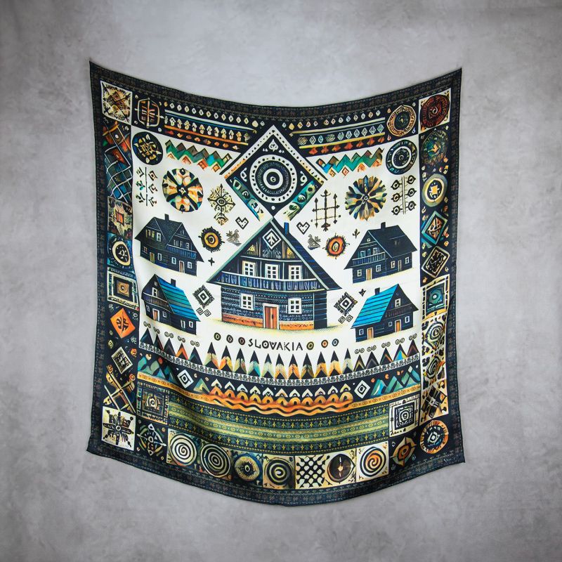 Módna hodvábna šatka ČIČMANY - ČIERNO-FAREBNÉ, 90 x 90cm