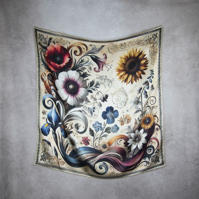 Módna hodvábna šatka LÚČNE KVETY - BÉŽOVÉ, 90 x 90cm