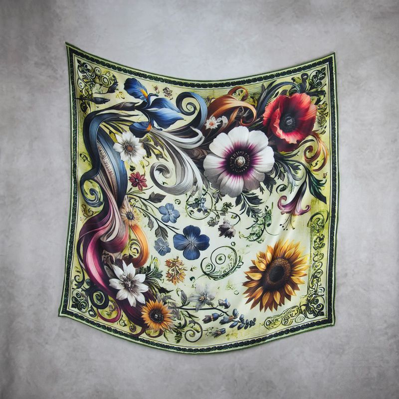 Módna hodvábna šatka LÚČNE KVETY - ZELENÉ, 90 x 90cm