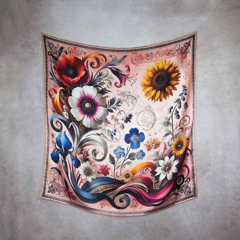 Módna hodvábna šatka LÚČNE KVETY - RUŽOVÉ, 90 x 90cm